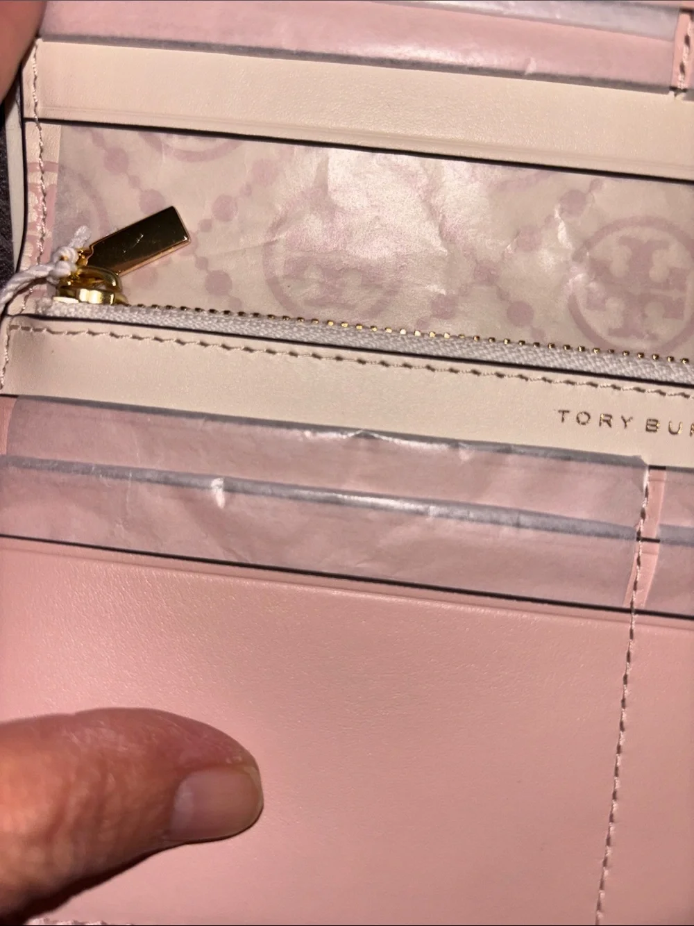 Tory Burch Pink & Cream Logo-Print Leather Card Holder with Tan Snap